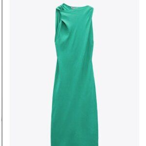 ZARA. LINEN BLEND RUCHED DRESS GREEN, XL NWT